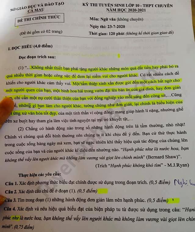 Để thi tuyển sinh vào lớp 10 môn Ngữ Văn tỉnh Cà Mau năm 2020. Nguồn: TTHN