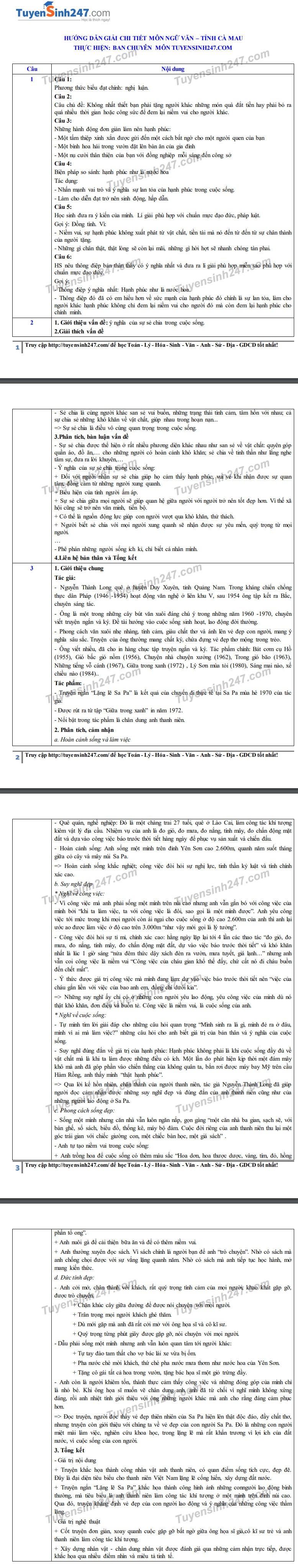 Đáp án tham khảo đề thi tuyển sinh vào lớp 10 môn Ngữ Văn tỉnh Cà Mau năm 2020. Nguồn: TTHN