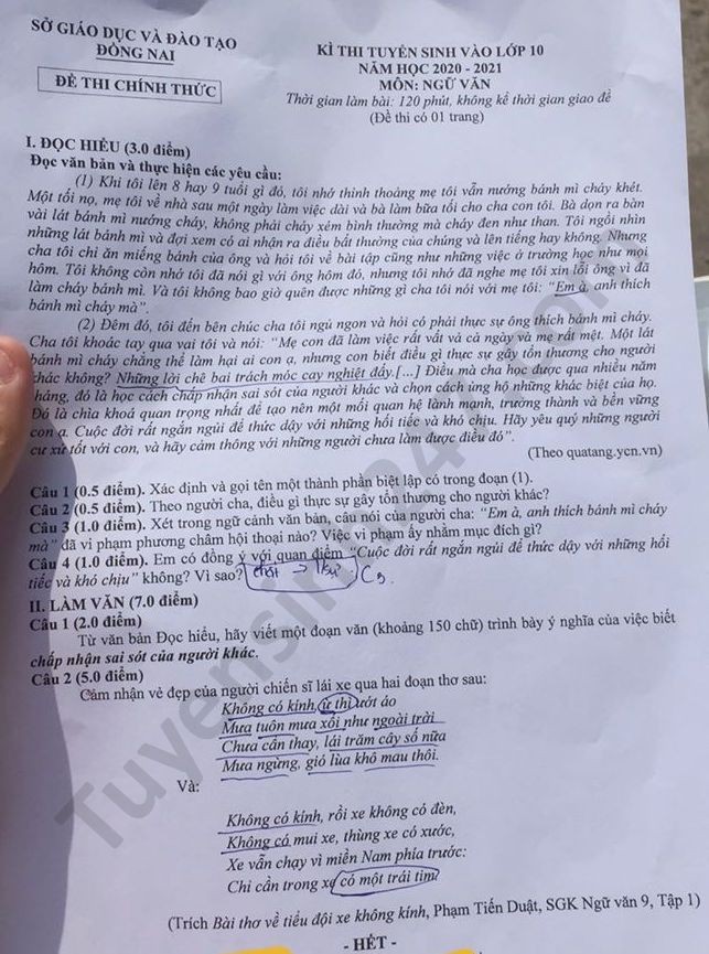 Đề thi tuyển sinh vào lớp 10 môn Ngữ Văn tỉnh Đồng Nai năm 2020. Nguồn: TTHN