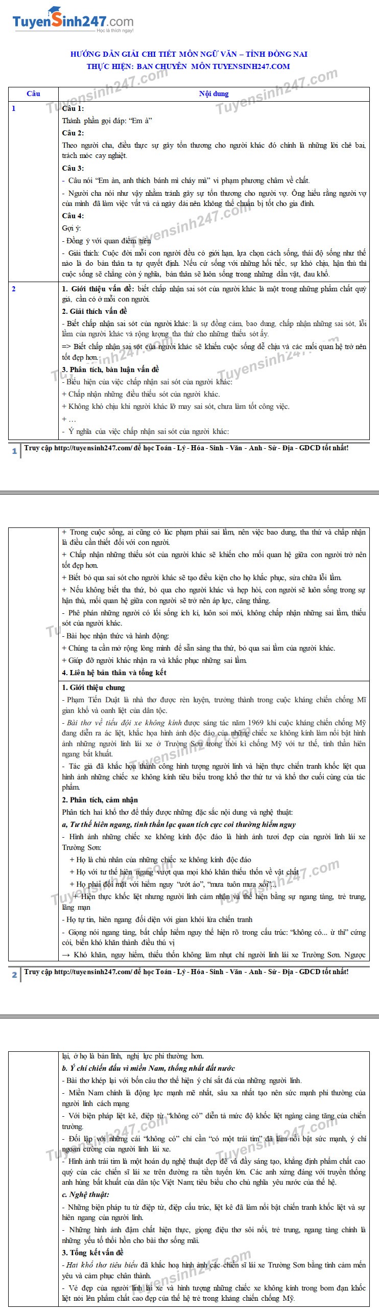 Đáp án tham khảo đề thi tuyển sinh vào lớp 10 môn Ngữ Văn tỉnh Đồng Nai năm 2020. Nguồn: TTHN