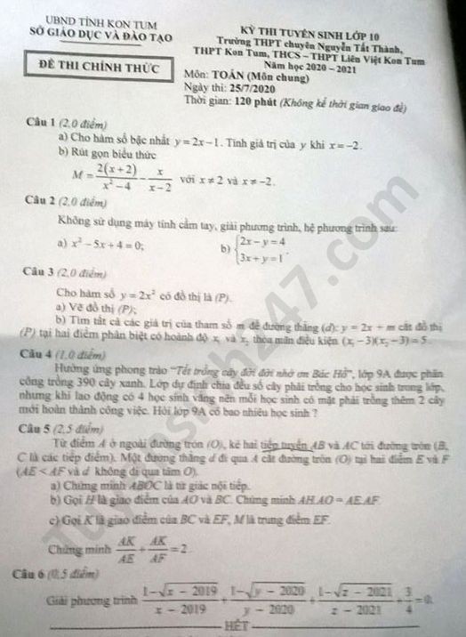 Đề thi tuyển sinh vào lớp 10 môn Toán tỉnh Kon Tum năm 2020. Nguồn: TTHN
