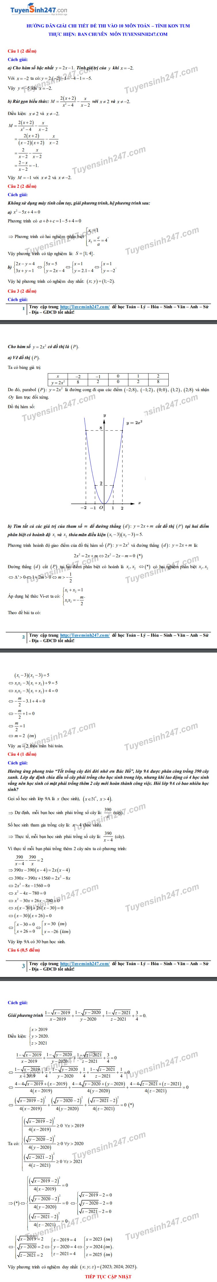 Đáp án tham khảo đề thi tuyển sinh vào lớp 10 môn Toán tỉnh Kon Tum năm 2020. Nguồn: TTHN