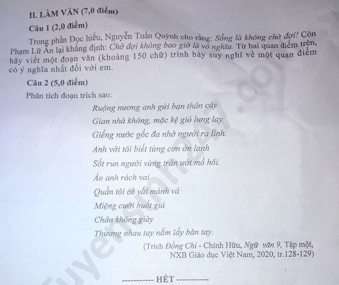 Đề thi tuyển sinh vào lớp 10 môn Ngữ Văn TP Cần Thơ năm 2020. Nguồn: TTHN Đề thi tuyển sinh vào lớp 10 môn Ngữ Văn TP Cần Thơ năm 2020. Nguồn: TTHN