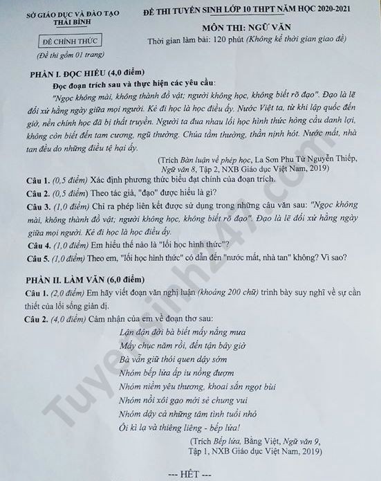Đề thi tuyển sinh vào lớp 10 môn Văn tỉnh Thái Bình năm 2020. Nguồn: TTHN