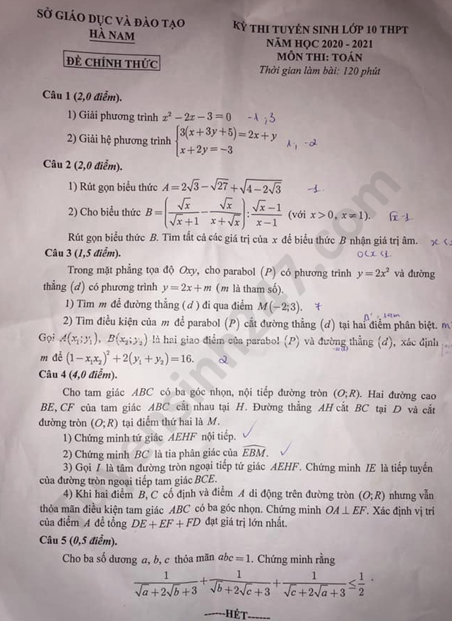 Đề thi tuyển sinh vào lớp 10 môn Toán tỉnh Hà Nam năm 2020. Nguồn: TTHN Đề thi tuyển sinh vào lớp 10 môn Toán tỉnh Hà Nam năm 2020. Nguồn: TTHN