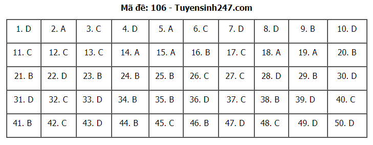 Đáp án tham khảo đề thi tốt nghiệp THPT năm 2020 môn Toán mã đề 106. Nguồn: TTHN