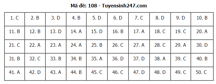 Đáp án tham khảo đề thi tốt nghiệp THPT năm 2020 môn Toán mã đề 108. Nguồn: TTHN