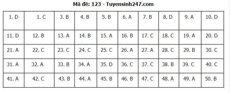 Đáp án tham khảo đề thi tốt nghiệp THPT năm 2020 môn Toán mã đề 123. Nguồn: TTHN