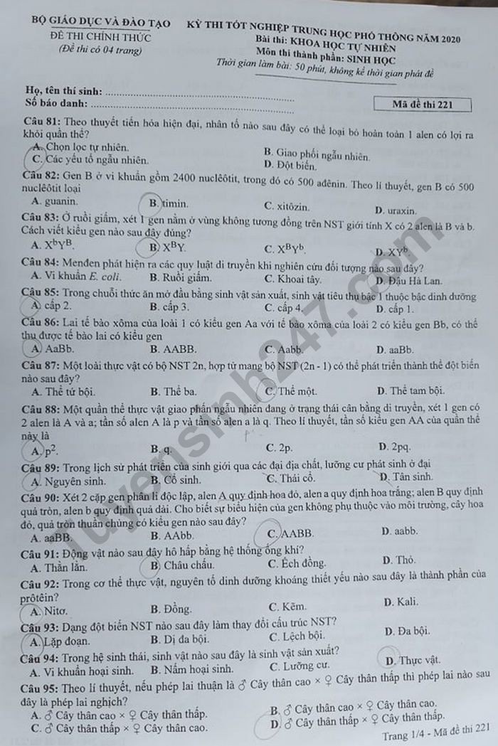 Đề thi tốt nghiệp THPT năm 2020 môn Sinh học mã đề 221. Nguồn: TTHN