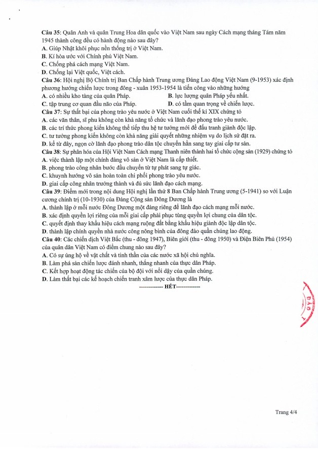 Đề thi tốt nghiệp THPT năm 2020 môn Lịch Sử. Đề thi tốt nghiệp THPT năm 2020 môn Lịch Sử.