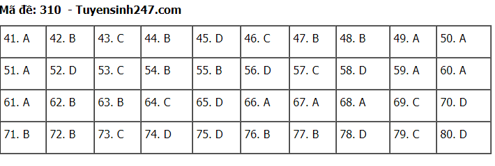 Đáp án tham khảo đề thi tốt nghiệp THPT năm 2020 môn Địa Lý mã đề 310. Nguồn: TTHN