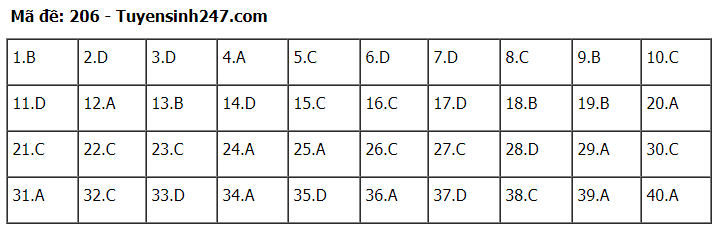 Đáp án tham khảo đề thi tốt nghiệp THPT năm 2020 môn Vật Lý mã đề 206. Nguồn: TTHN Đáp án tham khảo đề thi tốt nghiệp THPT năm 2020 môn Vật Lý mã đề 206. Nguồn: TTHN