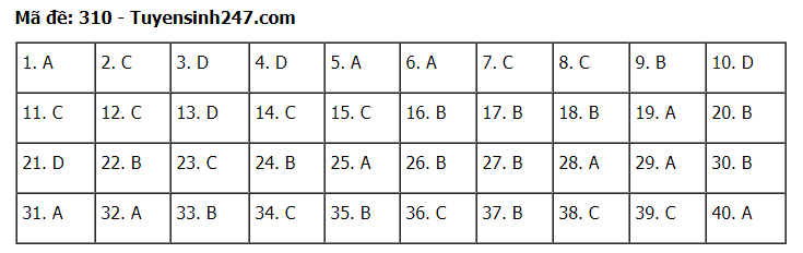 Đáp án tham khảo đề thi tốt nghiệp THPT năm 2020 môn Lịch Sử mã đề 310. Nguồn: TTHN Đáp án tham khảo đề thi tốt nghiệp THPT năm 2020 môn Lịch Sử mã đề 310. Nguồn: TTHN