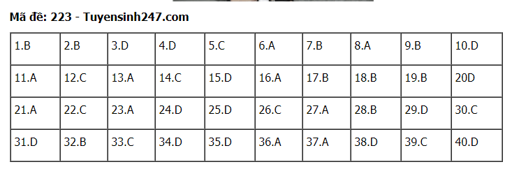 Đáp án tham khảo đề thi tốt nghiệp THPT năm 2020 môn Vật Lý mã đề 223. Nguồn: TTHN