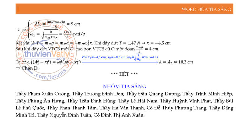 Đáp án tham khảm đề thi tốt nghiệp THPT năm 2020 môn Vật Lý mã đề 219. Nguồn: Word Hóa Tia Sáng
