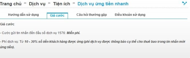 Phí ứng tiền của Vinaphone là 10-30% - Ảnh chụp màn hình