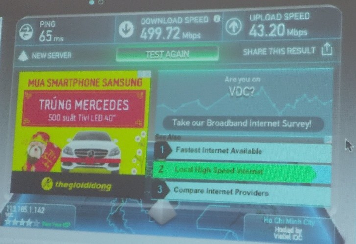Tốc độ tải xuống và tải lên khi đo speedtest.net đi quaserver Viettel ngày 15/1/2016