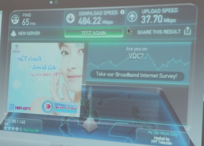 Tốc độ tải xuống và tải lên khi đo speedtest.net đi quaserver FPT ngày 15/1/2016