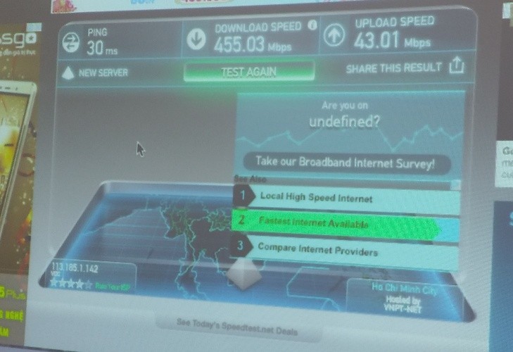 Tốc độ tải xuống và tải lên khi đo speedtest.net đi quaserver VNPT ngày 15/1/2016