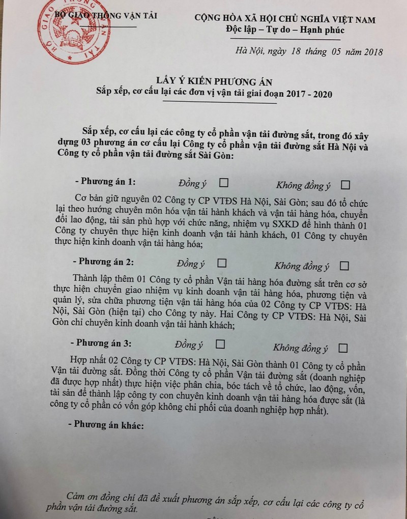 Ba phương án mô hình tổ chức các công ty vận tải đường sắt mà Vụ QLDN đang trưng cầu ý kiến. Ba phương án mô hình tổ chức các công ty vận tải đường sắt mà Vụ QLDN đang trưng cầu ý kiến.