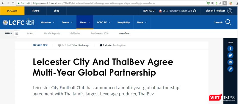 Thông cáo của Leicester City về thỏa thuận với ThaiBev