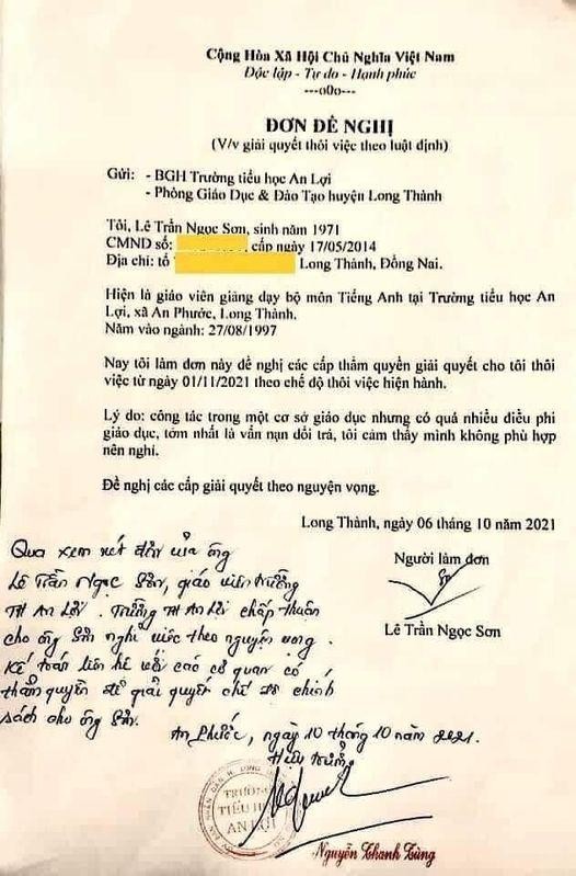 Đơn đề nghị thôi việc của giáo viên Lê Trần Ngọc Sơn Đơn đề nghị thôi việc của giáo viên Lê Trần Ngọc Sơn
