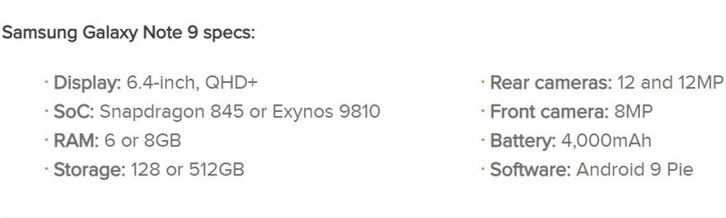 Thông số Samsung Galaxy Note 9 (Ảnh: Android Authority)