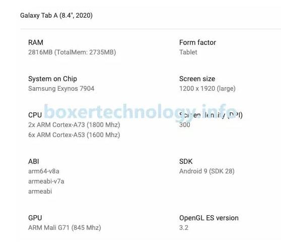Thông số kỹ thuật của Samsung Galaxy Tab A 8.4 (2020) (Ảnh: Boxertechnology)