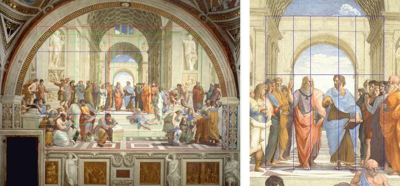 Các lớp tỷ lệ vàng trong tác phẩm The School of Athens của Rafael. Ảnh: Golden Number.