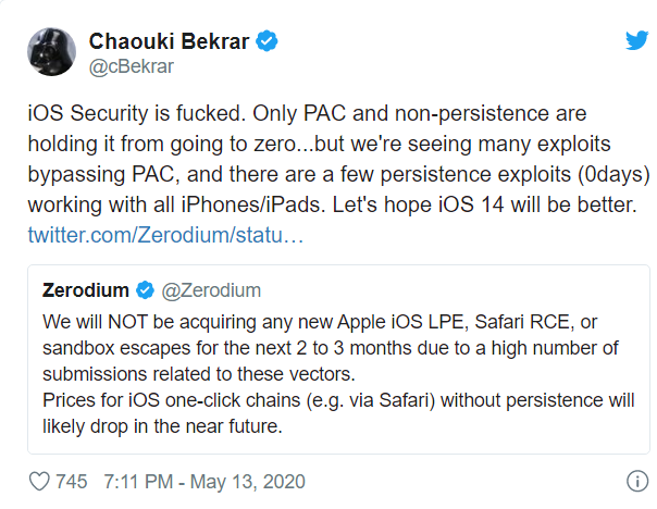 Người sáng lập của Zerodium chê thậm tệ hệ thống bảo mật của iOS (Nguồn: Twitter) Người sáng lập của Zerodium chê thậm tệ hệ thống bảo mật của iOS (Nguồn: Twitter)