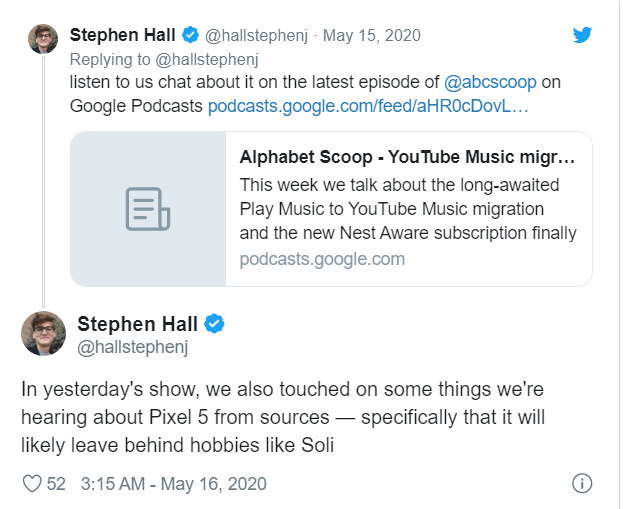 Thông tin cho rằng chiếc Pixel 5 sẽ không được trang bị chip radar Soli (Nguồn: Twitter)