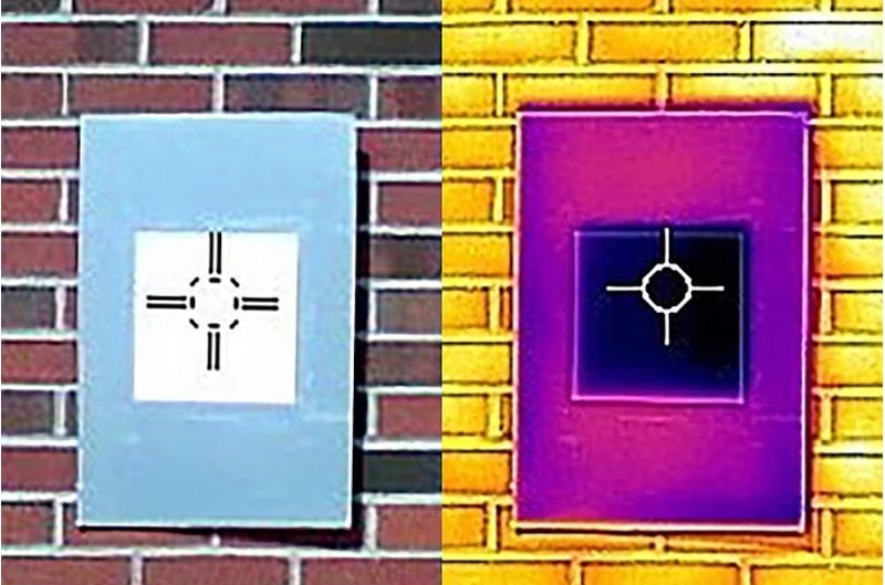 Ánh sáng quang học ở bên trái và tia hồng ngoại ở bên phải, cho thấy bề mặt được sơn phản quang mát hơn bề mặt xung quanh rất nhiều (Ảnh: Science Alert)