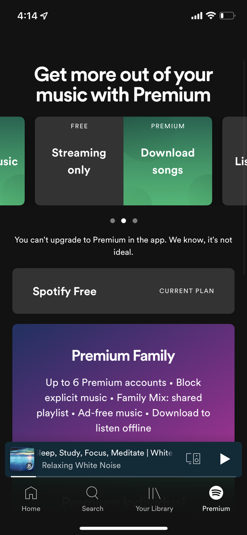Spotify không tích hợp tùy chọn nâng cấp lên gói premium trên iPhone để tránh phí cắt giảm từ App Store (Ảnh: The Next Web)