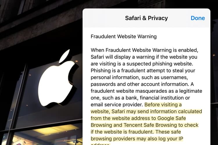 Đoạn mô tả của Apple về công cụ "cảnh báo trang web lừa đảo" tích hợp sẵn trên trình duyệt Safari. Ảnh: TEM