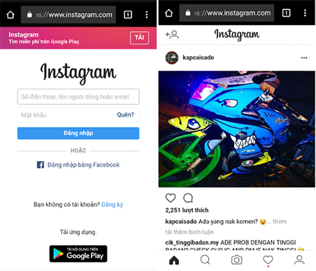 Giao diện đăng nhập và giao diện chính trên phiên bản web của Instagram.