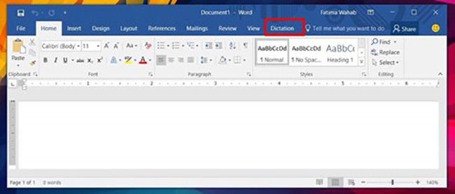 Thẻ Dictation trên thanh Ribbon của Word