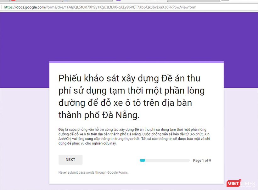 Phiếu khảo sát lấy ý kiến người dân về thu phí đậu đỗ xe trên một số tuyến đường