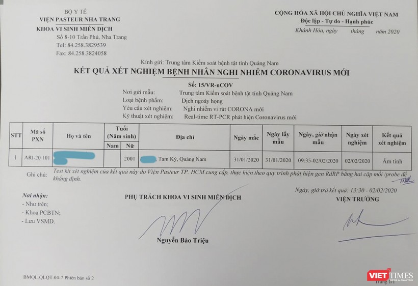 Phiếu xét nghiệm bệnh phẩm của nữ sinh viên N.T.H.N (Quảng Nam) đã âm tính với virus corona.