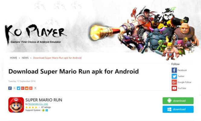 Mạng KO Player chia sẻ tập tin cài đặt Super Mario Run cho Android và Windows nhưng thực chất là tập tin nhúng kèm mã độc - Ảnh: VentureBeat