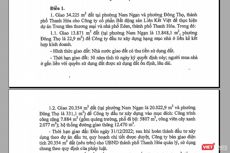 Công ty CP Bất động sản Liên Kết Việt vừa được UBND tỉnh Thanh Hóa giao đất và cho thuê tổng số khoảng 4,3ha đất để thực hiện dự án Trung tâm thương mại và nhà phố Eden.