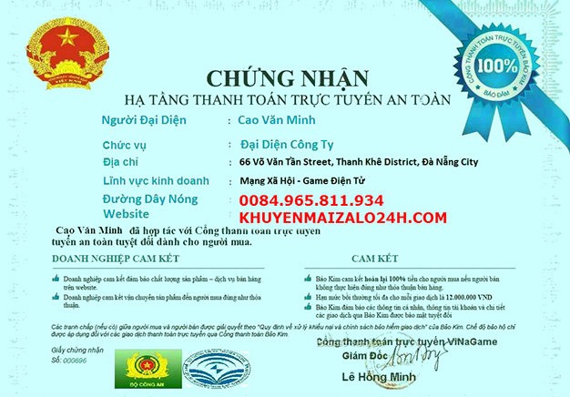 Một trong những chứng nhận được quảng bá trên trang web khuyenmaizalo24h.com