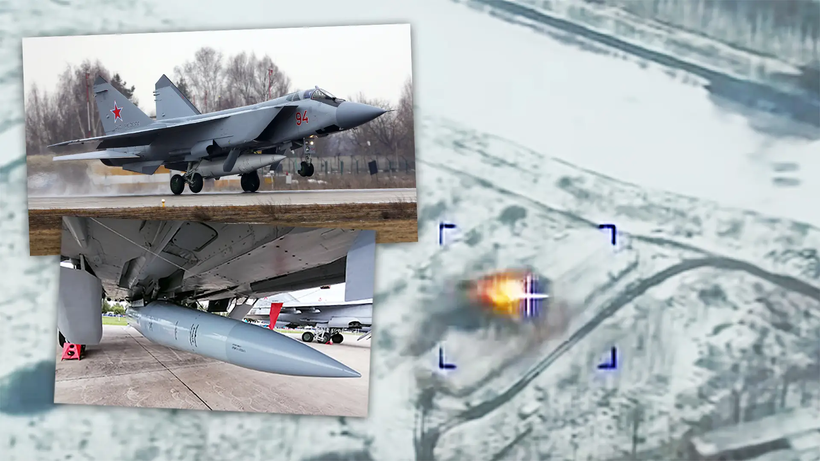 MiG-31 mang tên lửa siêu thanh Kinzhal và vụ nổ do tên lửa tấn công hôm 18/3 (Ảnh: The Drive).