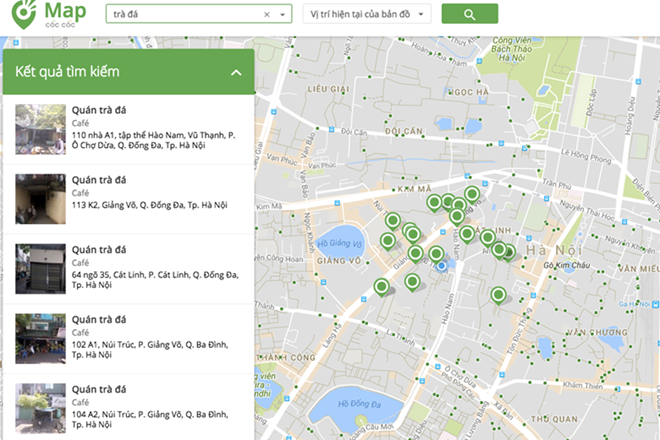 Tìm kiếm quán trà đá với bản đồ của Cốc Cốc. (Ảnh chụp màn hình)