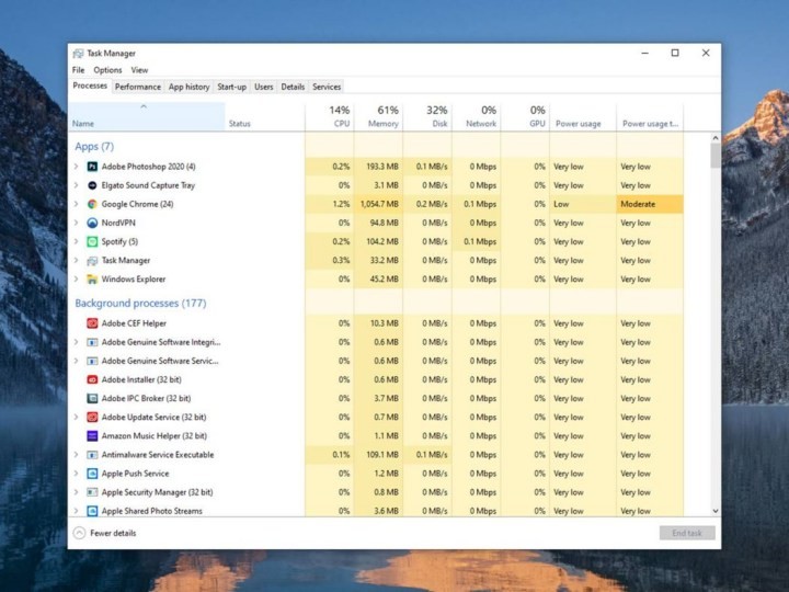 Bạn sẽ thấy mọi ứng dụng hiện đang chạy trên máy, cùng với những đòi hỏi mà chúng đặt ra đối với hệ thống. Nếu bạn không thể thấy những dữ liệu này, hãy bấm "More details". Bạn sẽ thấy mọi ứng dụng hiện đang chạy trên máy, cùng với những đòi hỏi mà chúng đặt ra đối với hệ thống. Nếu bạn không thể thấy những dữ liệu này, hãy bấm