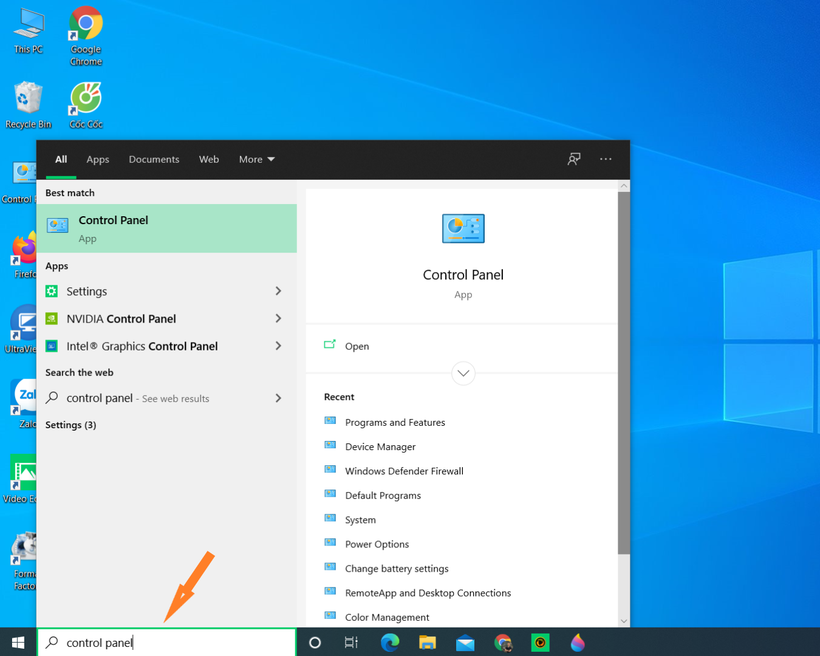 Các bạn có thể chọn Control Panel bằng cách gõ tên trực tiếp lên thanh tìm kiếm Các bạn có thể chọn Control Panel bằng cách gõ tên trực tiếp lên thanh tìm kiếm