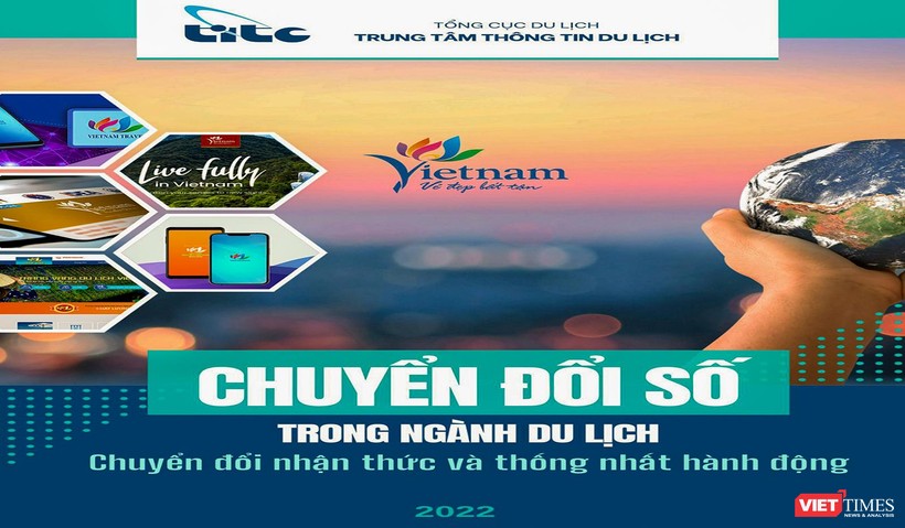 Trang bìa của cẩm nang hướng dẫn chuyển đổi số trong ngành du lịch mang chủ đề "Chuyển đổi nhận thức và thống nhất hành động” 