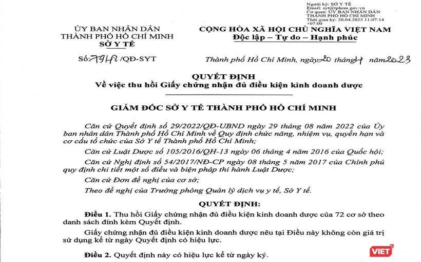 Quyết định của Sở Y tế TP HCM thu hồi Giấy chứng nhận đủ điều kiện kinh doanh dược đối với 72 cơ sở kinh doanh dược trên địa bàn