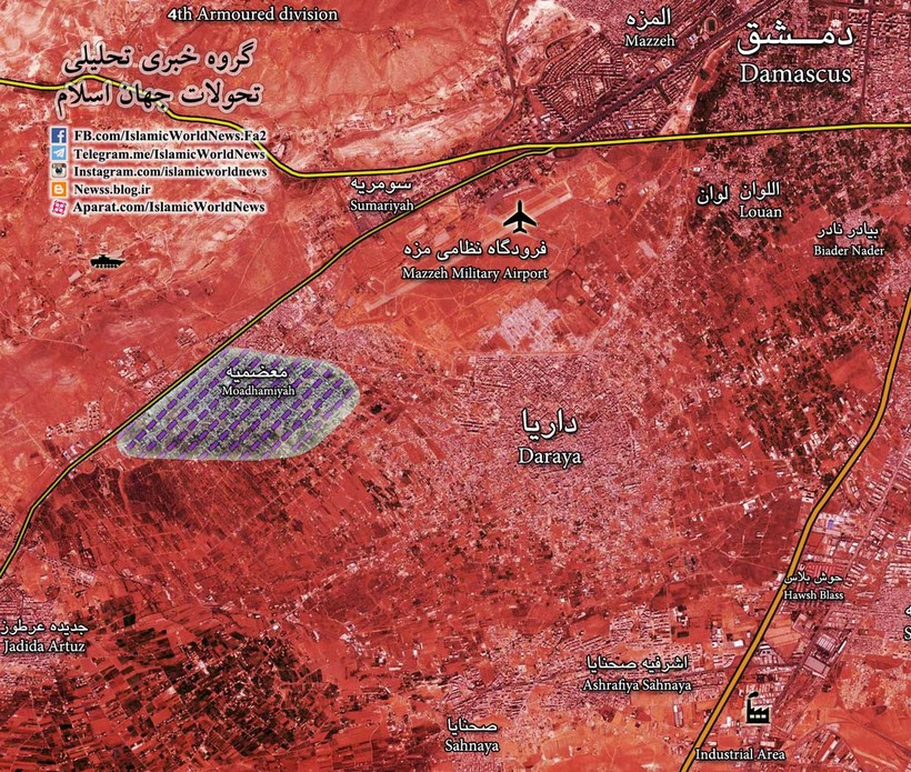 Bản đồ tình huống thị trấn Moadamiyeh và thành phố vệ tinh Darayya