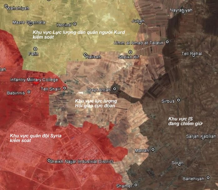 Bản đồ phân bổ lực lượng đối kháng trên vùng miền Bắc Aleppo