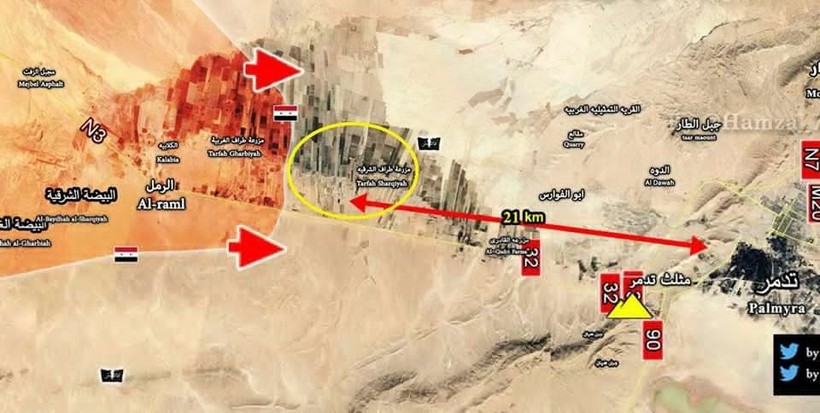 Bản đồ tình hình chiến sự Palmyra, quân đội Syria cách thành phố cổ Palmyra 21 km